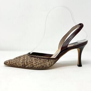 Vintage Manolo‎ Blahnik Woven Slingback Heels Brown Leather Size 37